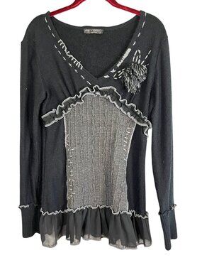 Retro‎ Patchwork Artsy Knit Sweater L Fairy Whimsigoth Lagen Sheer Grunge Punk
